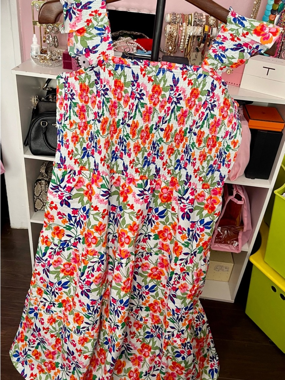 Floral Smocked Midi Dress in White with Pink & Orange Blooms